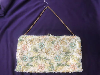$19.99 • Buy Delill Micro Seed Bead Evening Purse~France, Vintage 1950's~Pastel Floral, Satin