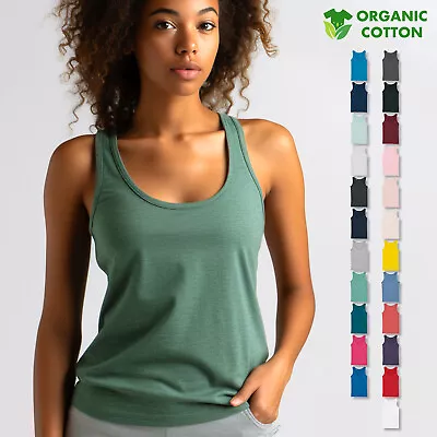 Womens Organic Cotton Tank Top Ladies Deep Scoop Vest Sleeveless T-Shirt Top Tee • £5.49