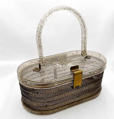 1950's Vintage MW HANDBAGS Clear Glitter Lucite/Acrylic Purse Metal • $76