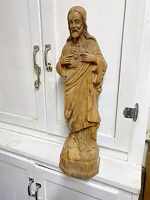 Vintage Sacred Heart Of Jesus Hand Carved Olive Wood Statue Sculpture 21” • $339