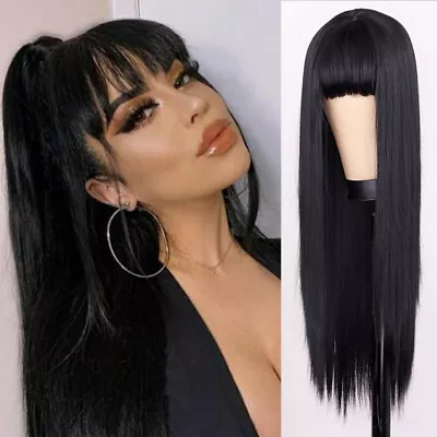 US 24inch Cosplay Wig With Bangs Straight Black Synthetic Hair Fashion Women • $12.79