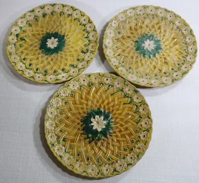 3 Vintage Majolica Plates Basketweave Floral Pattern Made In China 10.5  • $55