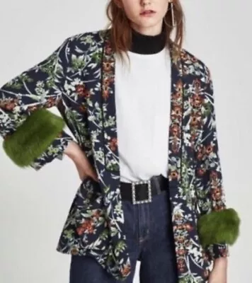 Zara TRF Short Floral Kimono Jacket Green Fur Cuffs Size S/M Boho Festival RARE • $120