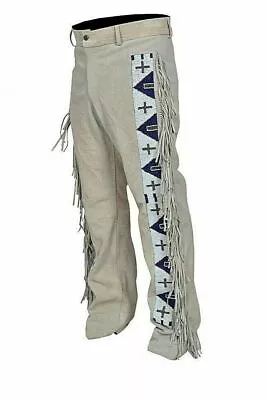 Mens Western Cowboy Leather Real Suede Native American Hippy Beaded Fringe Pants • $119.99