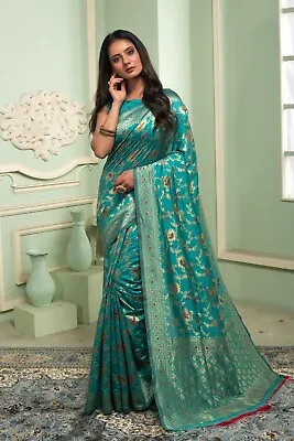$45 • Buy Beautiful Women's Wedding Banarasi Silk Woven Saree Party Wear Light Blue Saree