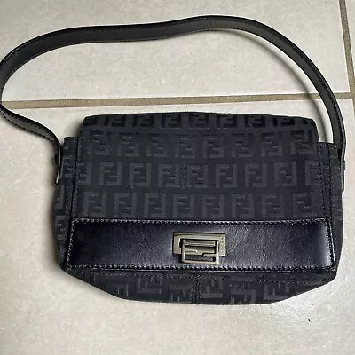 Authentic FENDI Zucchino Hand Bag Pouch Black Canvas Leather Excellent Shape !! • $180