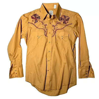Vtg 70s Mustang Western Pearl Snap Shirt Mens Yellow Floral Embroidered Large • $29.97