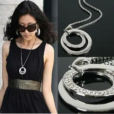 Women Long Chain Fashion Crystal Rhinestone Silver Plated Pendant Necklace Gift • £2.87