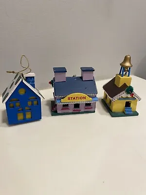 Vintage Putz House Church Train Station Christmas Village Wooden Ornaments • $24.95