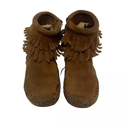 Minnie Tonka Moccasin Infant Brown Suede Double Fringe Shoe Zip Boot Baby Size 3 • $25