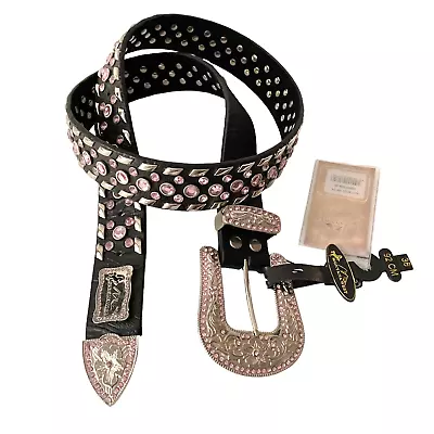 Montana West Western Black Leather Belt - Pink Rhinestone Studded Bling - Sz 36 • $24.99