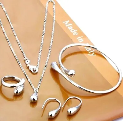 Silver Jewellery Set Earrings Necklace Bracelet Pendant Bangle Ring Velvet Pouch • £4.89