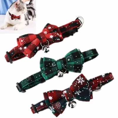 Christmas Cat Dog Bow Tie Collars With Bell Snowflakes Plaid Pet Xmas Collar NEW • £4.07