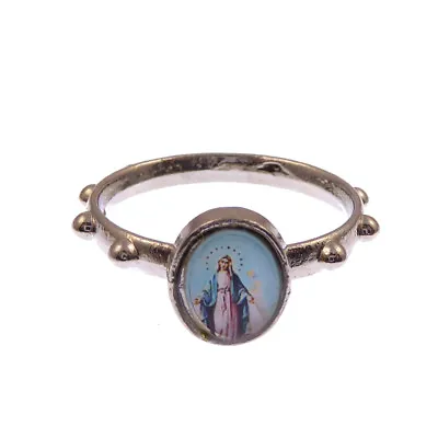 Silver Metal Small Miraculous Mary Rosary Ring Catholic Pocket Prayer Beads • £2.75