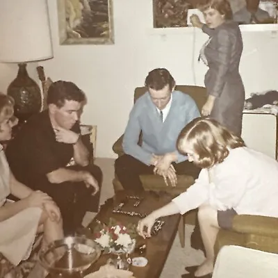 VINTAGE PHOTO 1970s Playing Dominos At House Party COLOR SNAPSHOT Fun Young Gang • $9