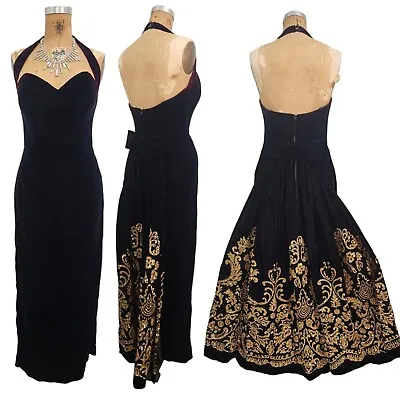 Vtg 80s Prom Dress M Fitted Halter Velvet Black Gold Corset Jessica McClintock • $89.99
