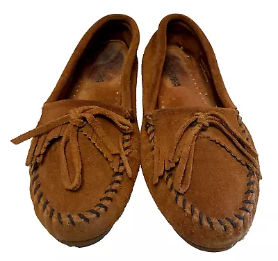 Minnetonka Kilty Brown Suede Leather Moccasins Flat Slip On Women's Sz 8.5 Shoes • $15