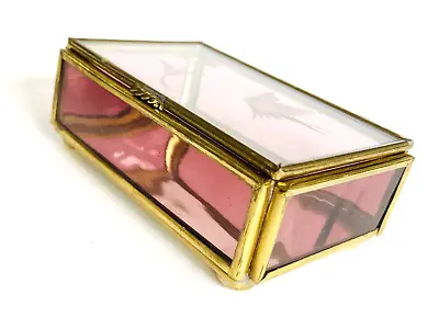 1989 Vintage Trinket Box Rose Gold Glass Bird Flower Pink 80s Jewelry Mirror MCM • $20