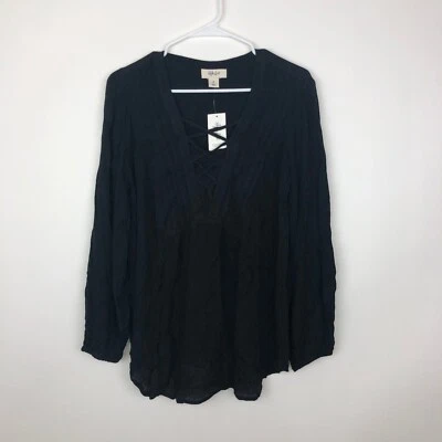 Style&Co Medium Women's Peasant Top Black Criss Cross V Neck Long Sleeve Pleated • £6.61