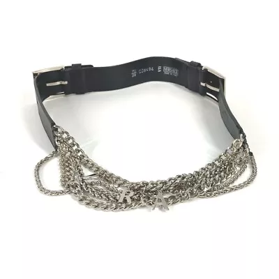 VERSACE Logo Chain 5-Ring Belt Leather / Metal Silver/Black • $220.51