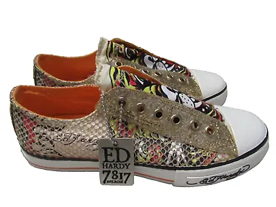 Ed Hardy Women’s Tiger Gold Glitter Slip-on Low Rise Sneakers Shoes Size 6 NWOB • $75