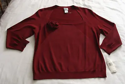 Vintage DKNY Rusty Red 3/4 Sleeve Stretch Knit ROSETTE Pin Top Sz LARGE • $4.99