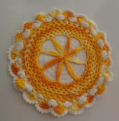 Hand Crocheted Round Dainty Doily MCM Retro Yellow Orange White 6 1/4  • $7.77