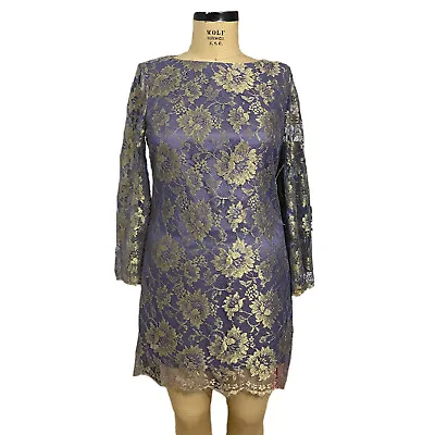 NWT Tibi New York Purple Cocktail Dress W/ Gilded Metallic Gold Mesh Lace Size 8 • $40.80