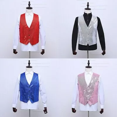 Mens Sequin Waistcoat Vest Top Sleeveless Jacket Gilet Showman Dance Party Shiny • $31.07