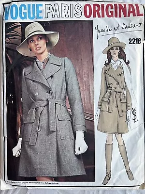 Vintage 70’s Yves Saint Laurent VOGUE Paris Original COAT Pattern # 2216 Size 12 • $17.99