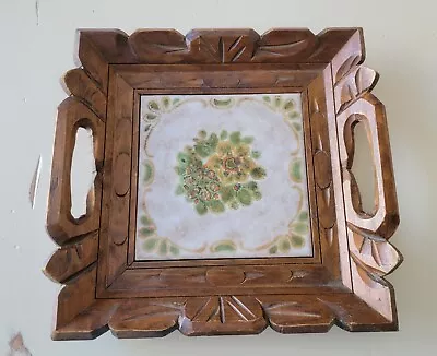 Vintage Mexican Green Floral Tile Carved Wooden Tray Insert Mid Century 70s • $40