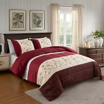 Home Decor Goose Down Alternative Bedding Printed Comforter Set Burgundy Floral • $52.99