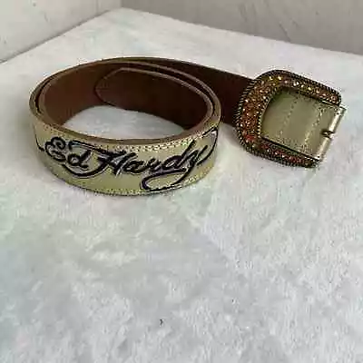 Vintage Ed Hardy Gold Leather Embroidered Belt Size M Style No: EH3025 • $75