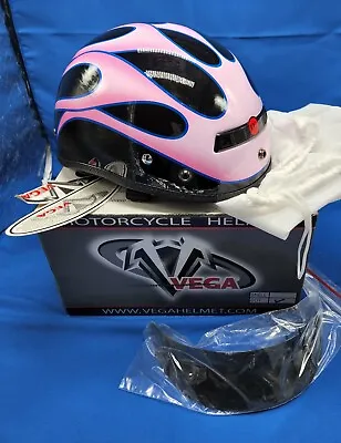 NEW Vega XTS Motorcycle Half Helmet Pink Flames Snap On Visor 7234-016 XXL • $42