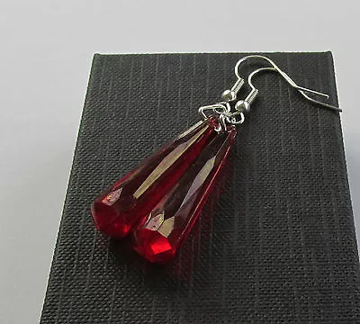 Handmade Fashion Jewellery Red Purple Long Faceted Teardrop Pendant Earrings • £3.99