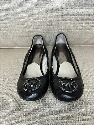 Michael Kors Fulton Black Quilted Leather Ballet Flat Shoes Silver MK Women’s 5 • $26.96