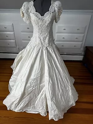 Vintage Couture Ivory 80s Puff Sleeve Pearl /Sequin Beaded Wedding Dress S/M • $175