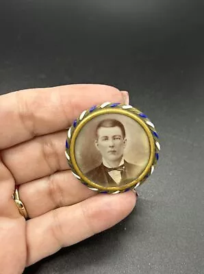 Antique Mourning Brooch Pin Victorian Photo Portrait Gold Blue White Read • $17.99