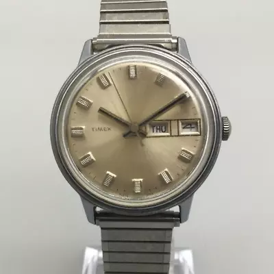 Vintage Timex Marlin 1973Watch Men 35mm Silver Tone Day Date Stretch Manual Wind • $49.99