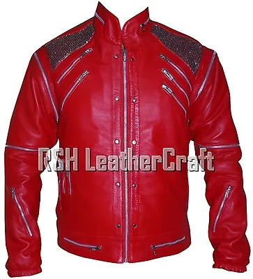 Michael Jackson MJ Beat It Red Leather Jacket With Steel Mesh On Shoulders • £94.97