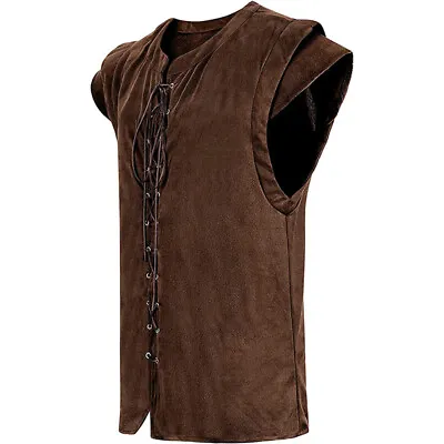 Men Lace Up Pirate Medieval Waistcoat Adult Vintage Renaissance Vest Shirt Top • £22.51
