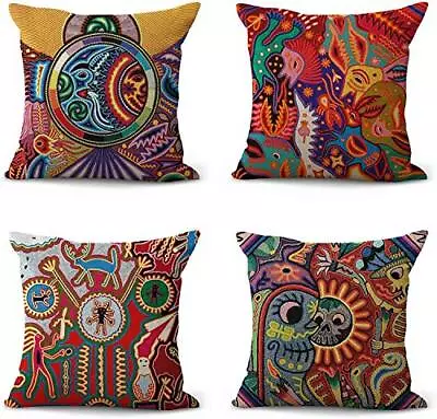 Set Of 4 Linen Throw Pillow Covers Mexican Huichol Decorative Pillow Cases Home  • $28.29