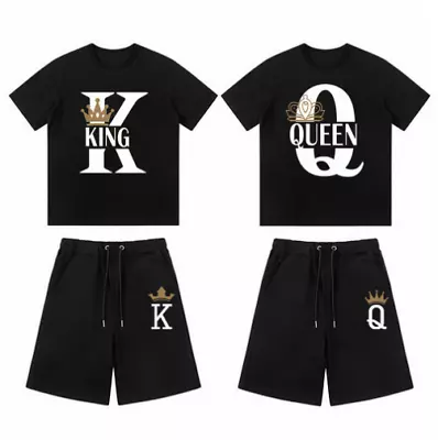 Mens Womens Couple's King Queen Printed T-shirt + Shorts Sportswear 2 Piece Set • £20