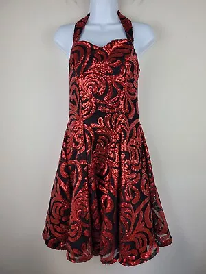 Vintage Dress 7 8 Red All Over Sequin Halter Dancewear Prom Rockabilly Pinup USA • $55.99