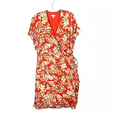 J Jill Womens M Ruffle Trim Short Sleeve Wrap Dress Red Floral Lined Viscose • $29.99