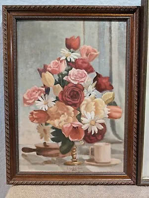 Vintage Oil Painting On Board- Flowers In Vase  Artist Signed 1969 14 X10  • $44.99