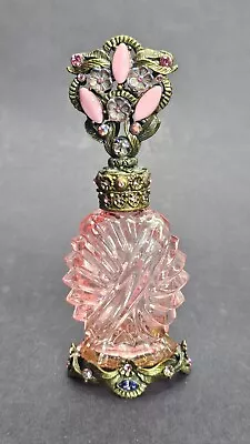 Vintage Czech Bohemian Art Deco Pink Glass Jeweled Perfume Bottle • $70