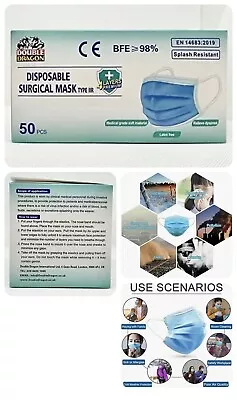 50pcs  Type IIR 3-Ply Premium Disposable Protective Face Masks 98 Filtration • £4.51