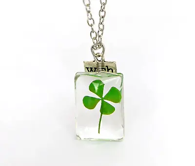 REAL Four-Leaf Clover In Acrylic Pendant Necklace Irish Luck St Patrick Day • $12.94