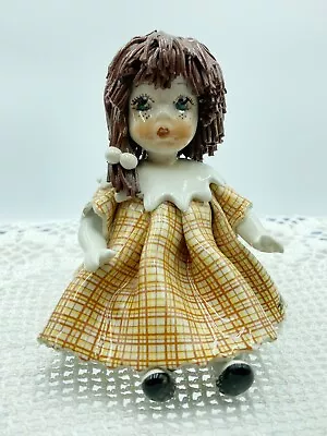 Zampiva Italy Ceramic Brunette Spaghetti Hair Girl Plaid Dress Signed Twice • $22